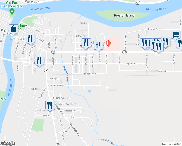 map of restaurants, bars, coffee shops, grocery stores, and more near 640 Tiedeman Avenue in Defiance