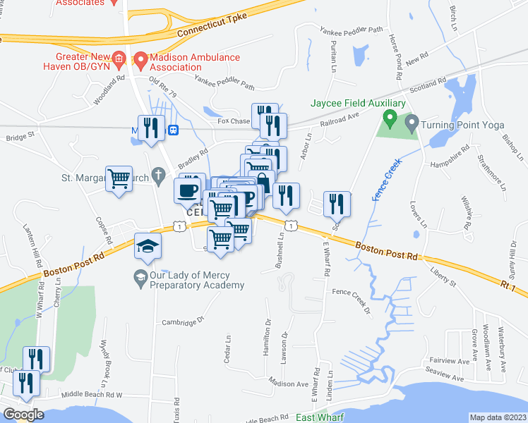 map of restaurants, bars, coffee shops, grocery stores, and more near 801 Boston Post Road in Madison
