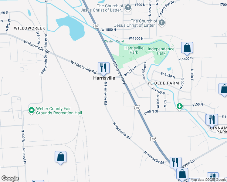 map of restaurants, bars, coffee shops, grocery stores, and more near 473 West 1225 North in Harrisville