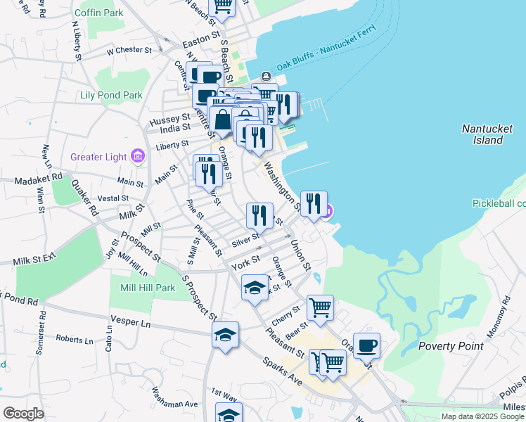 map of restaurants, bars, coffee shops, grocery stores, and more near 37 Union Street in Nantucket
