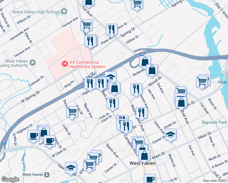 map of restaurants, bars, coffee shops, grocery stores, and more near 7 Bassett Court in West Haven