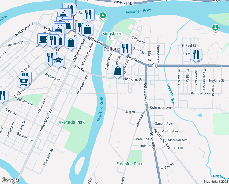 map of restaurants, bars, coffee shops, grocery stores, and more near 640 Summit St in Defiance