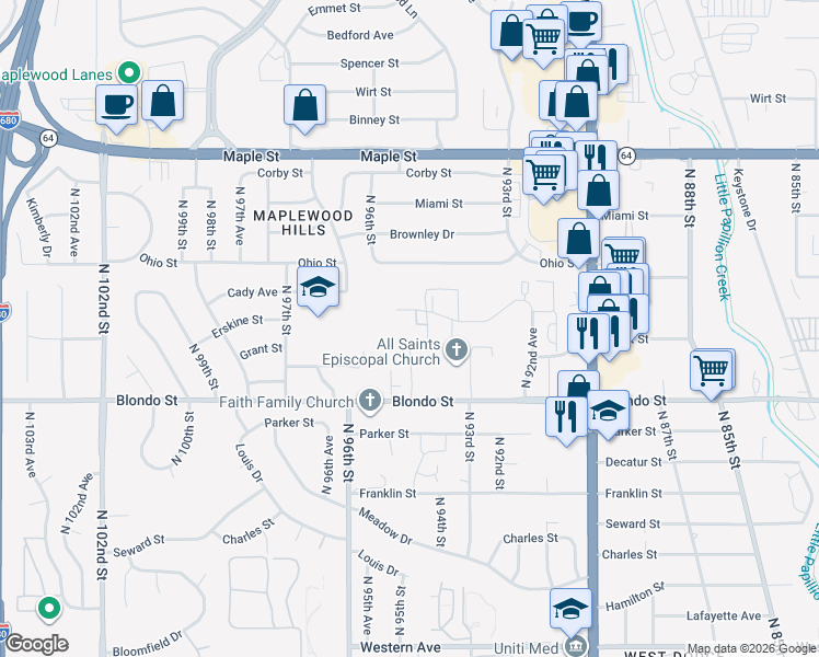 map of restaurants, bars, coffee shops, grocery stores, and more near 9415 Cady Avenue in Omaha