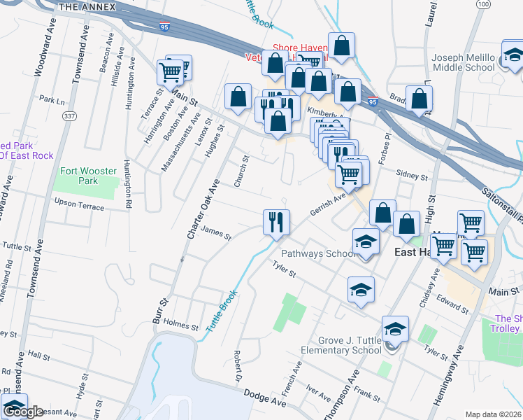 map of restaurants, bars, coffee shops, grocery stores, and more near 7 Gordon Street in East Haven