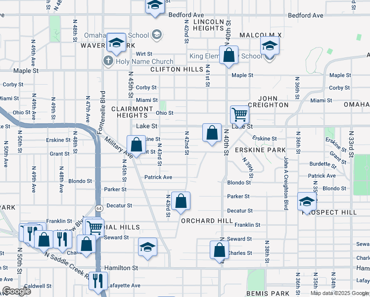 map of restaurants, bars, coffee shops, grocery stores, and more near 4204 Grant Street in Omaha