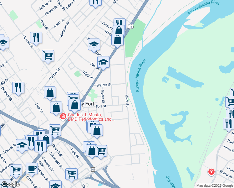 map of restaurants, bars, coffee shops, grocery stores, and more near 18 Orchard Place in Forty Fort