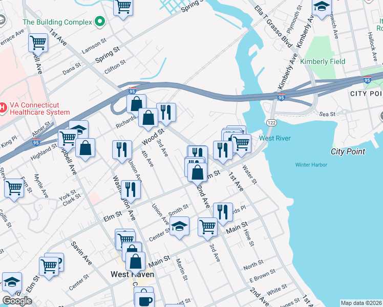 map of restaurants, bars, coffee shops, grocery stores, and more near 510 1st Avenue in West Haven