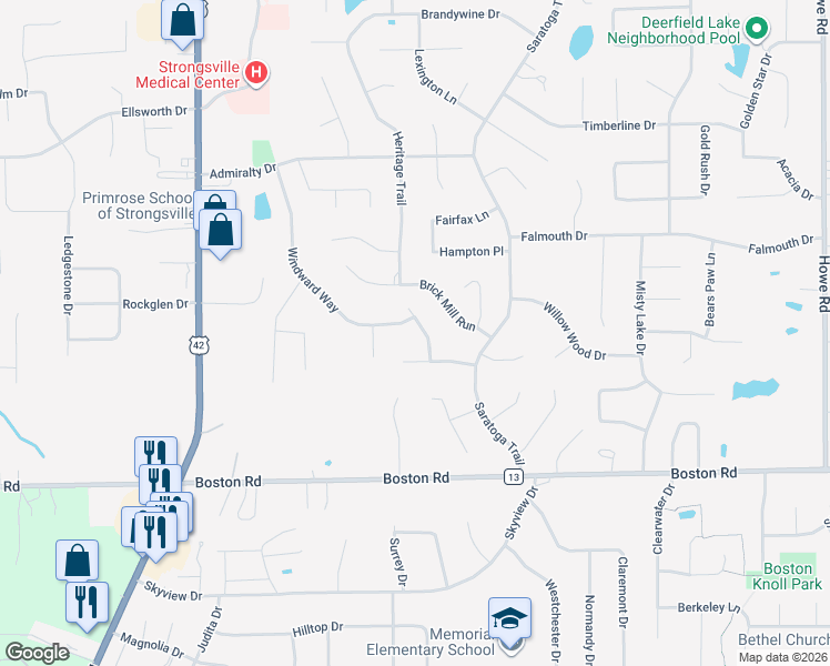 map of restaurants, bars, coffee shops, grocery stores, and more near 19286 Blue Point Drive in Strongsville