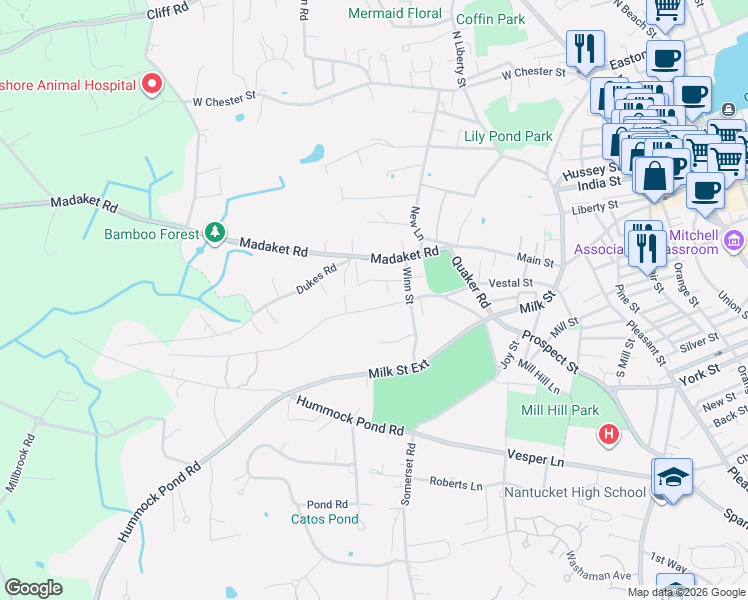 map of restaurants, bars, coffee shops, grocery stores, and more near 51 Vestal Street in Nantucket