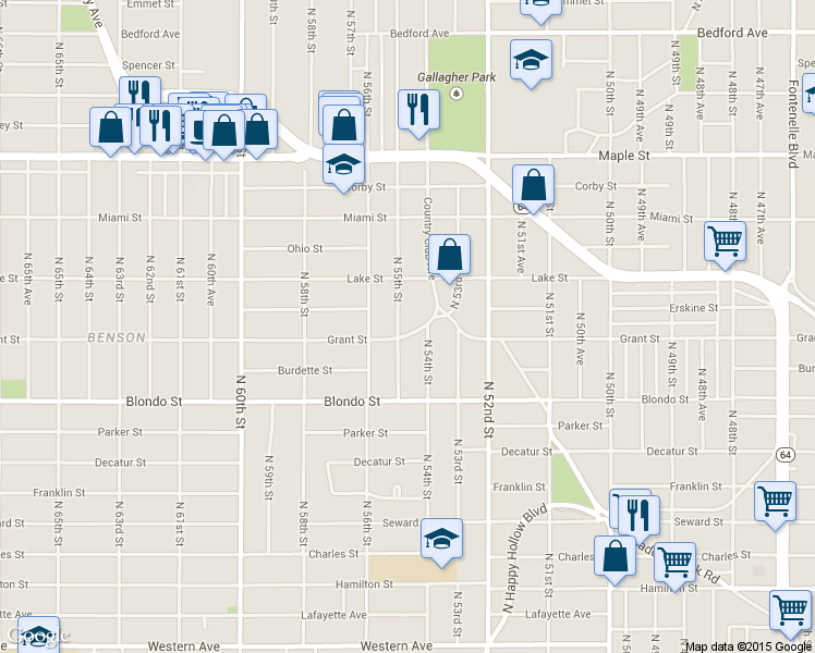 map of restaurants, bars, coffee shops, grocery stores, and more near 2307 North 55th Street in Omaha