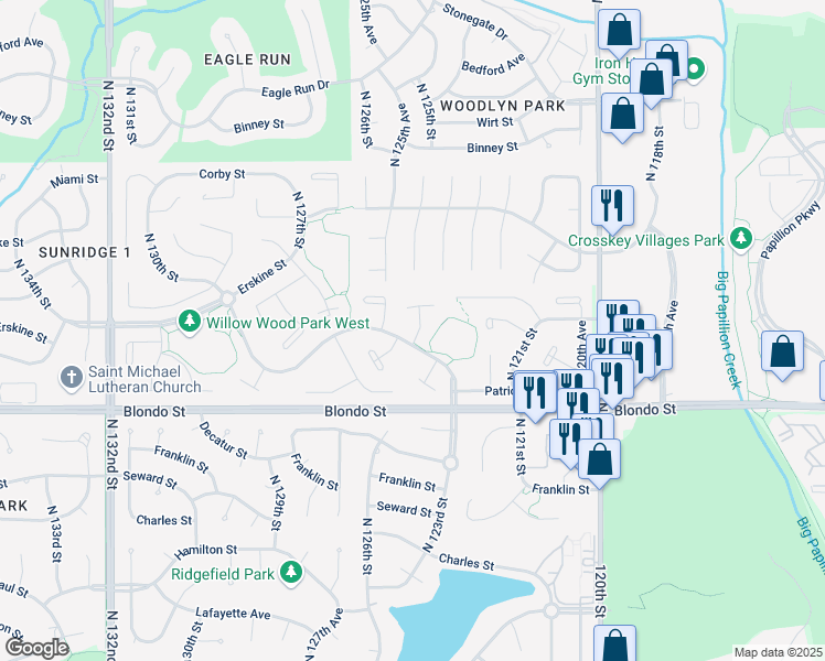 map of restaurants, bars, coffee shops, grocery stores, and more near 2162 North 124th Avenue Circle in Omaha