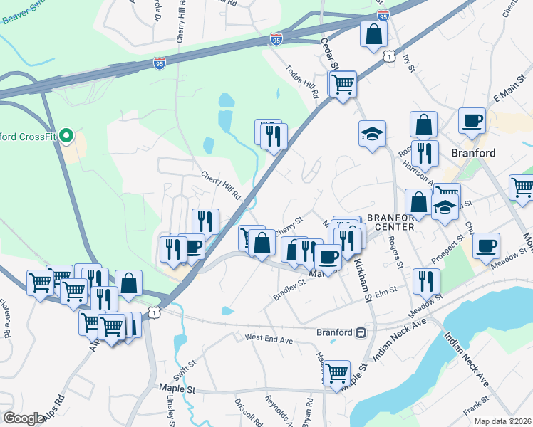 map of restaurants, bars, coffee shops, grocery stores, and more near 27 Cherry Hill Road in Branford