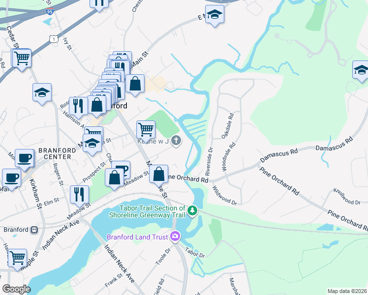 map of restaurants, bars, coffee shops, grocery stores, and more near 57 Averill Place in Branford