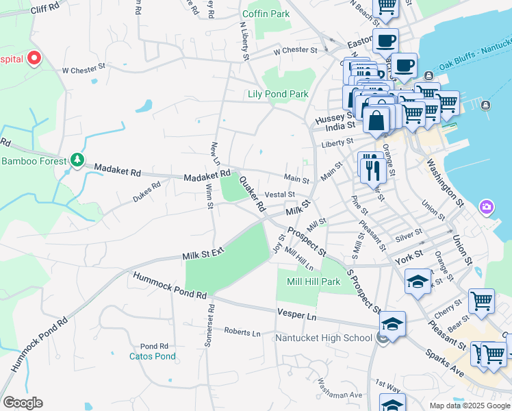 map of restaurants, bars, coffee shops, grocery stores, and more near 15 Quaker Rd in Nantucket