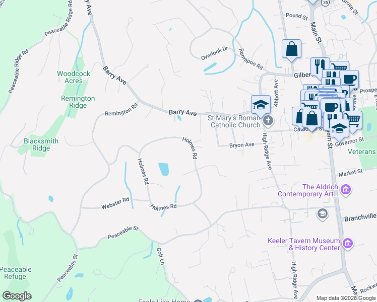 map of restaurants, bars, coffee shops, grocery stores, and more near 144 Holmes Road in Ridgefield