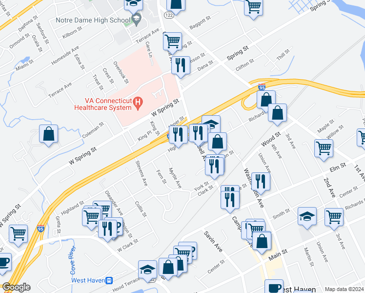 map of restaurants, bars, coffee shops, grocery stores, and more near 26 Highland Street in West Haven