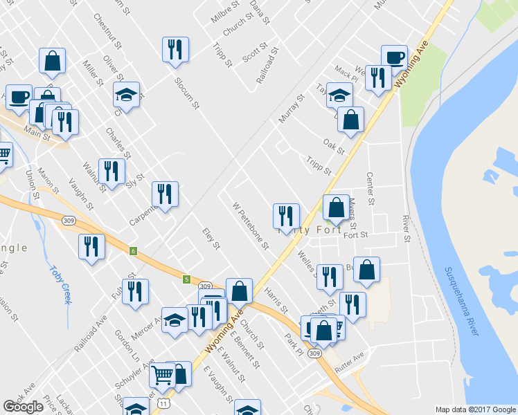 map of restaurants, bars, coffee shops, grocery stores, and more near 104 Slocum Street in Forty Fort