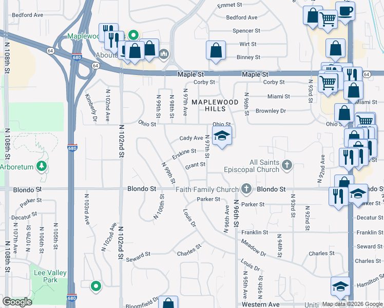 map of restaurants, bars, coffee shops, grocery stores, and more near 9729 Erskine Street in Omaha