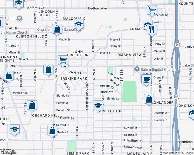 map of restaurants, bars, coffee shops, grocery stores, and more near 3484 Grant Street in Omaha