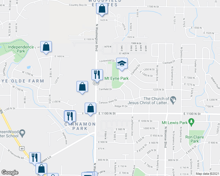 map of restaurants, bars, coffee shops, grocery stores, and more near 454 Canfield Drive in Ogden