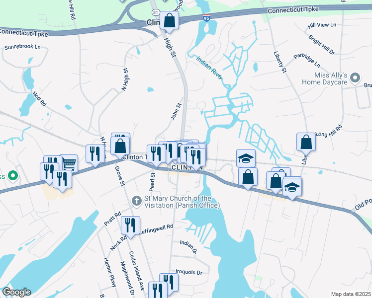 map of restaurants, bars, coffee shops, grocery stores, and more near 21 High Street in Clinton