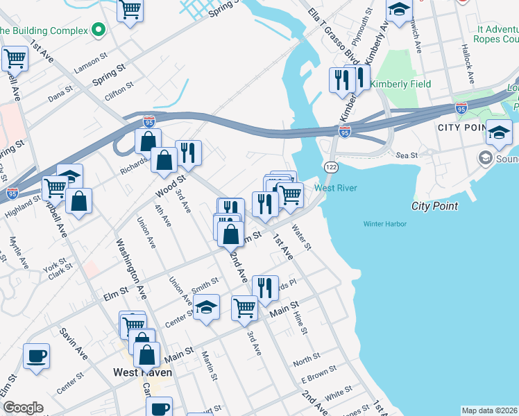 map of restaurants, bars, coffee shops, grocery stores, and more near 30 Wallace Street in West Haven