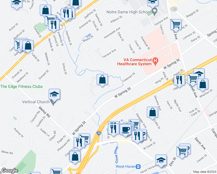 map of restaurants, bars, coffee shops, grocery stores, and more near 90 Coleman Street in West Haven