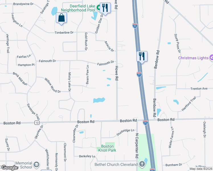 map of restaurants, bars, coffee shops, grocery stores, and more near 19250 Howe Road in Strongsville