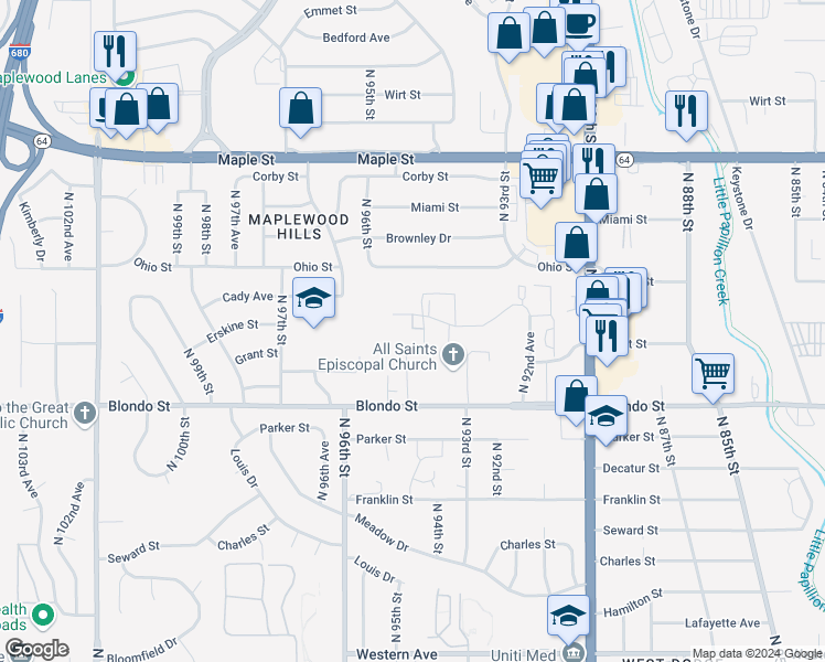 map of restaurants, bars, coffee shops, grocery stores, and more near 9415 Cady Avenue in Omaha