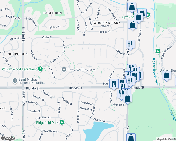 map of restaurants, bars, coffee shops, grocery stores, and more near 2162 North 124th Avenue Circle in Omaha