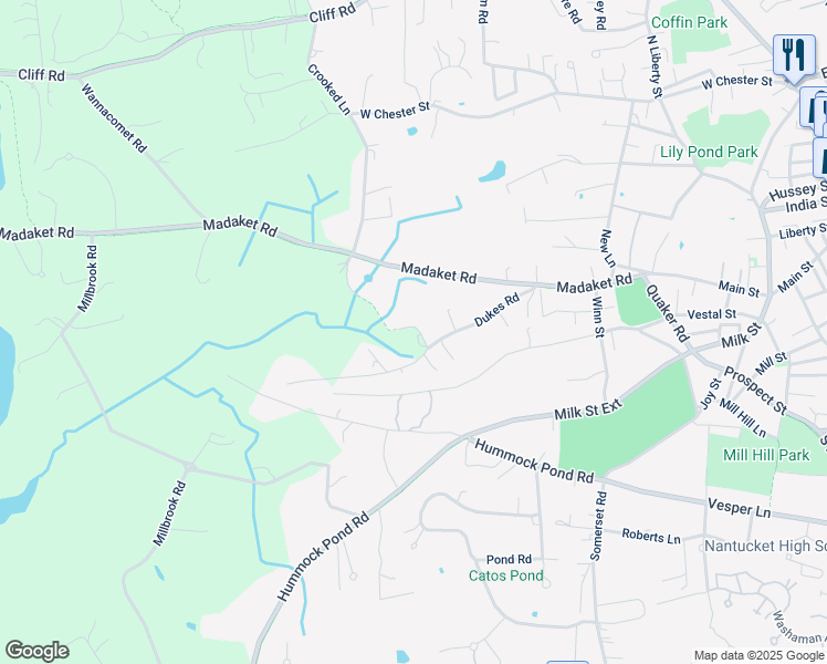 map of restaurants, bars, coffee shops, grocery stores, and more near 25 Dukes Road in Nantucket