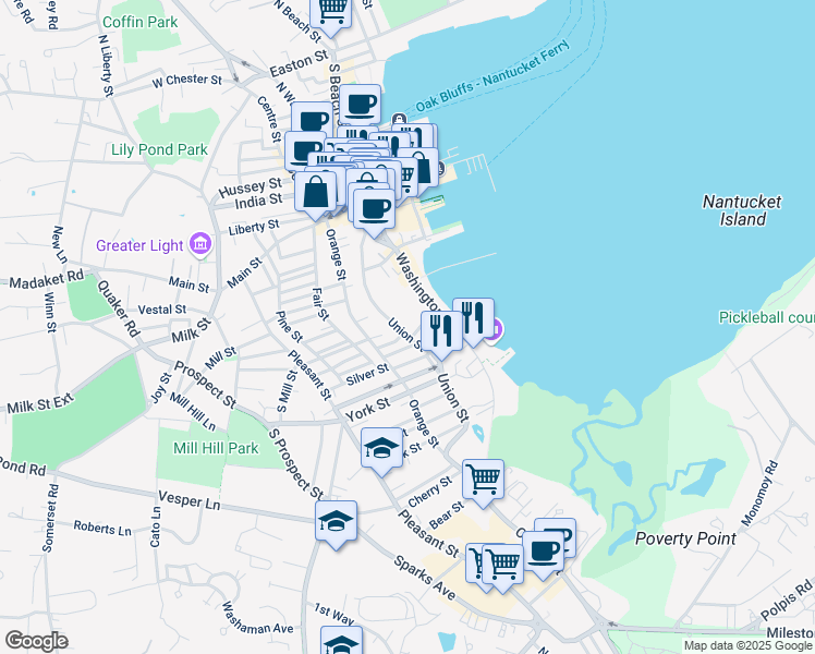 map of restaurants, bars, coffee shops, grocery stores, and more near 37 Union Street in Nantucket