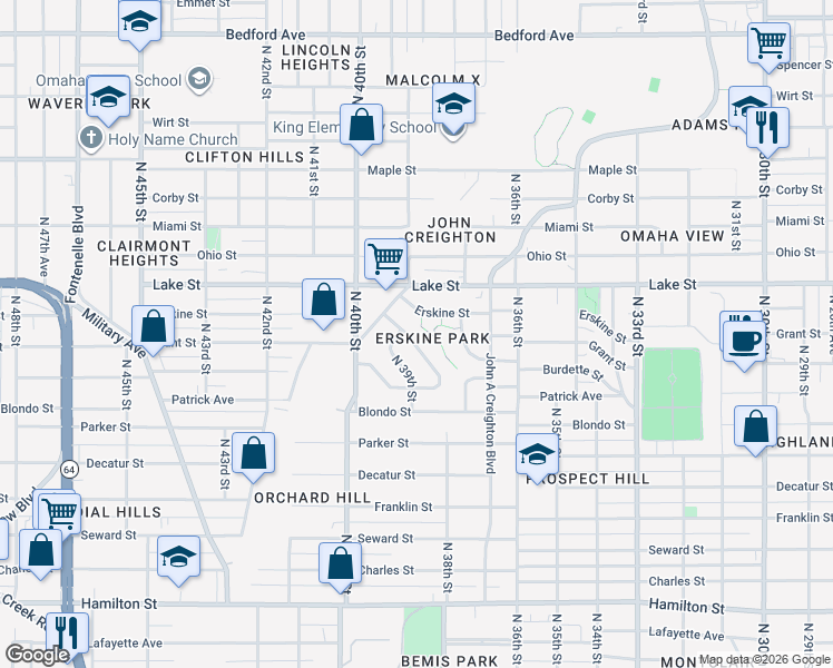 map of restaurants, bars, coffee shops, grocery stores, and more near 2253 North 38th Avenue in Omaha