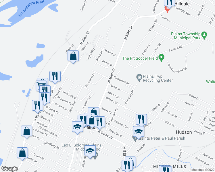 map of restaurants, bars, coffee shops, grocery stores, and more near 199 North Main Street in Wilkes-Barre