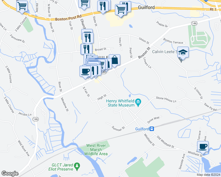 map of restaurants, bars, coffee shops, grocery stores, and more near 148 Whitfield Street in Guilford
