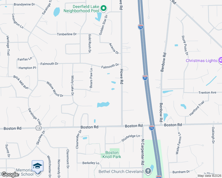 map of restaurants, bars, coffee shops, grocery stores, and more near 19250 Howe Road in Strongsville