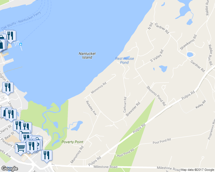 map of restaurants, bars, coffee shops, grocery stores, and more near 61 Monomoy Road in Nantucket