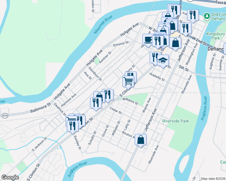 map of restaurants, bars, coffee shops, grocery stores, and more near 618 Davidson St in Defiance