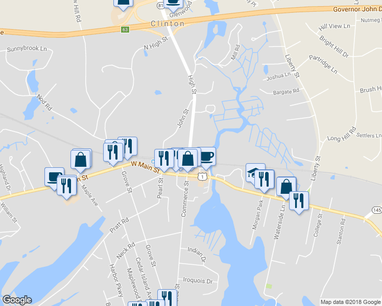 map of restaurants, bars, coffee shops, grocery stores, and more near 21 High Street in Clinton