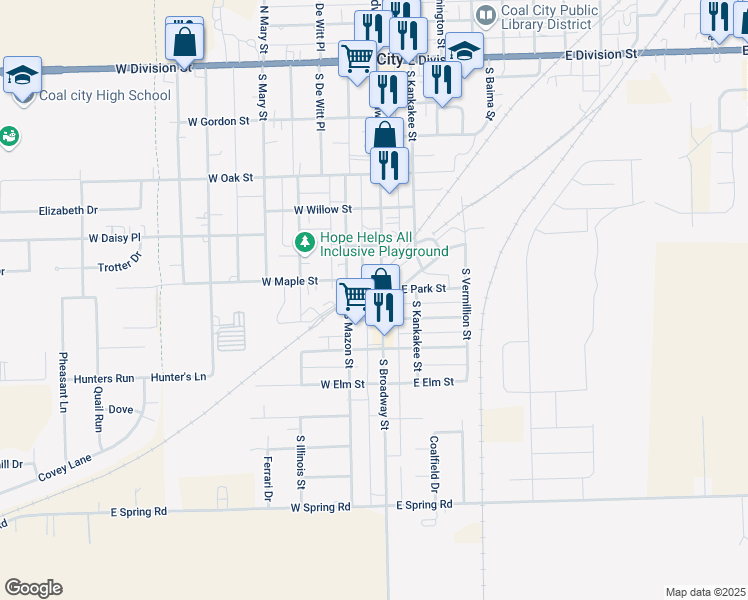 map of restaurants, bars, coffee shops, grocery stores, and more near 644 South Broadway Street in Coal City
