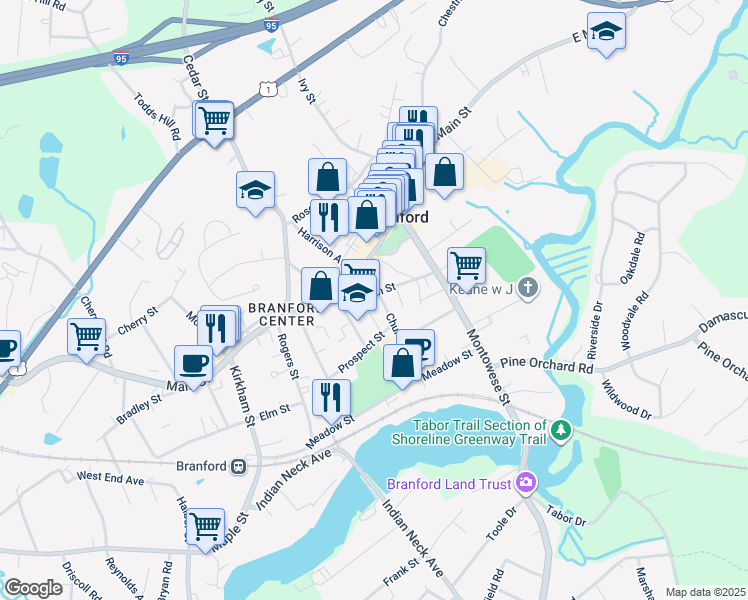 map of restaurants, bars, coffee shops, grocery stores, and more near 67 South Main Street in Branford