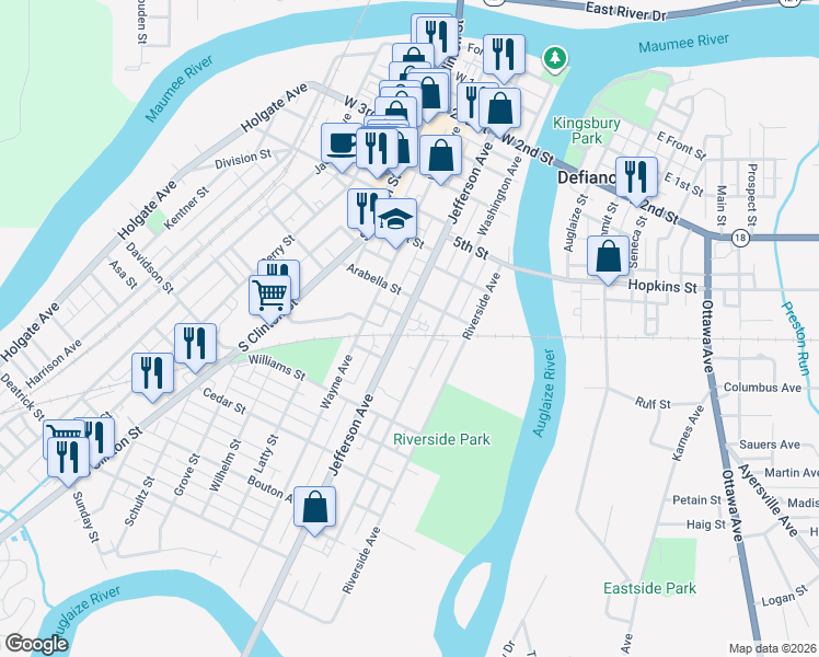 map of restaurants, bars, coffee shops, grocery stores, and more near 723 Jefferson Avenue in Defiance