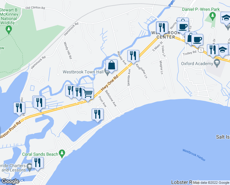 map of restaurants, bars, coffee shops, grocery stores, and more near 41 Antonie Road in Westbrook