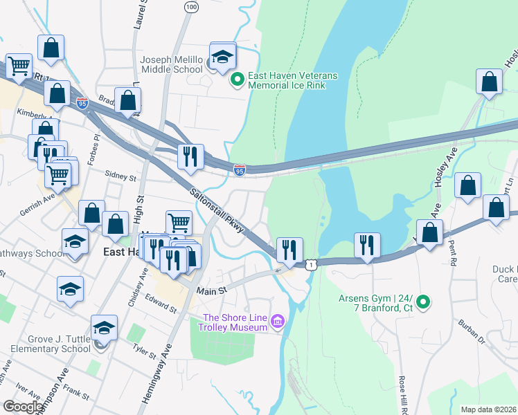 map of restaurants, bars, coffee shops, grocery stores, and more near 30 Saltonstall Place in East Haven