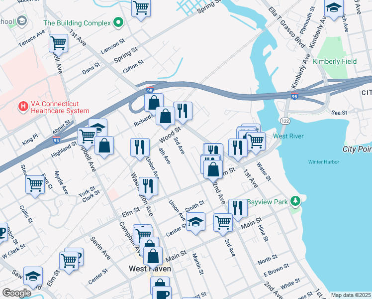 map of restaurants, bars, coffee shops, grocery stores, and more near 691 3rd Avenue in West Haven
