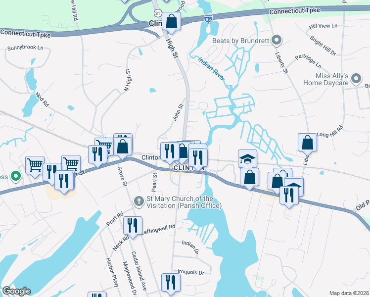 map of restaurants, bars, coffee shops, grocery stores, and more near 21 High Street in Clinton