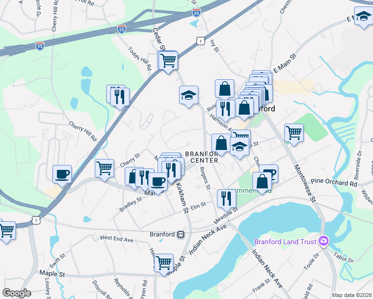 map of restaurants, bars, coffee shops, grocery stores, and more near 19 Barton Court in Branford