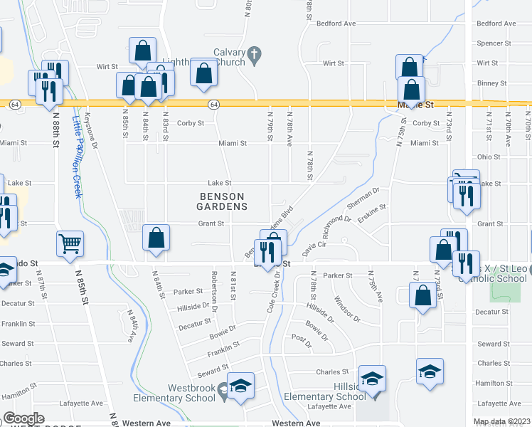 map of restaurants, bars, coffee shops, grocery stores, and more near 2306 North 79th Street in Omaha