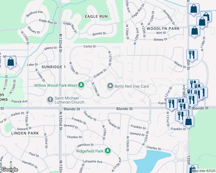 map of restaurants, bars, coffee shops, grocery stores, and more near 2228 North 128th Circle in Omaha
