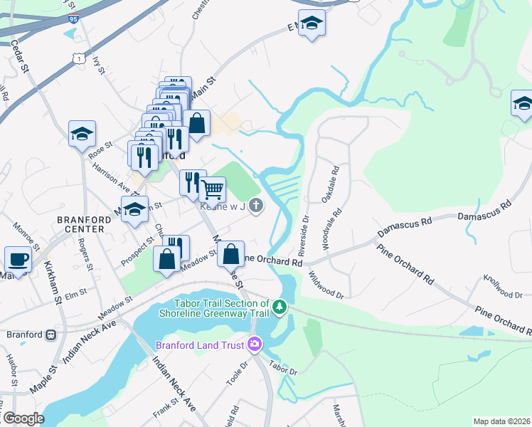 map of restaurants, bars, coffee shops, grocery stores, and more near 57 Averill Place in Branford
